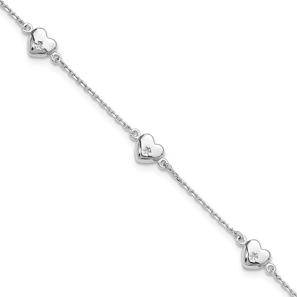 Sterling Silver Rhodium Plated Heart Anklet 9 Inch Chain with 1 Inch Extender 4.39g  