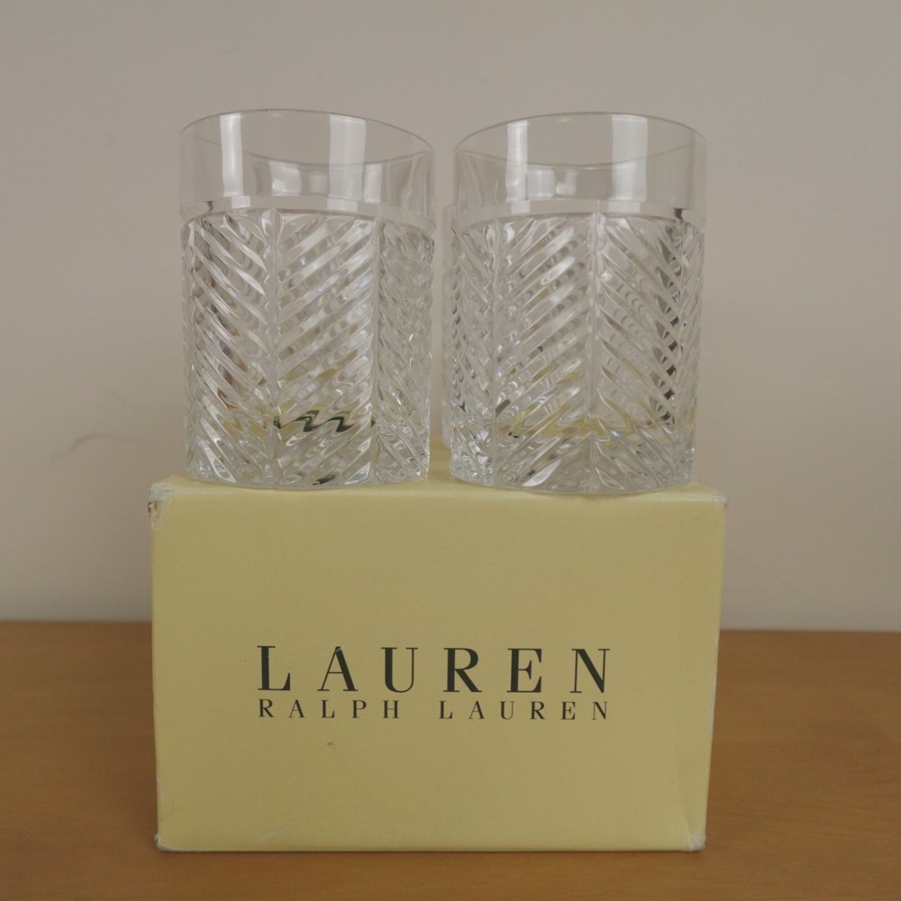 Ralph Lauren Herringbone Glasses Double Old Fashion Crystal Set of 4 New Signed