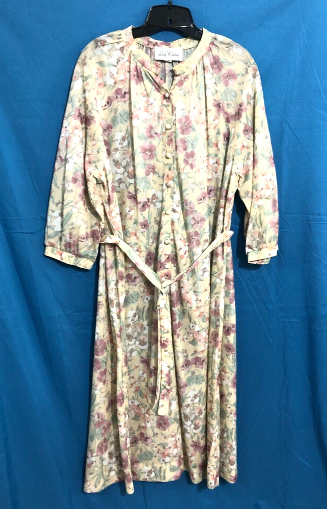 VTG LADY WINDSOR Crepe Knit BEIGE FLORAL 1/2 Button-Up Shirt Shift Dress 16