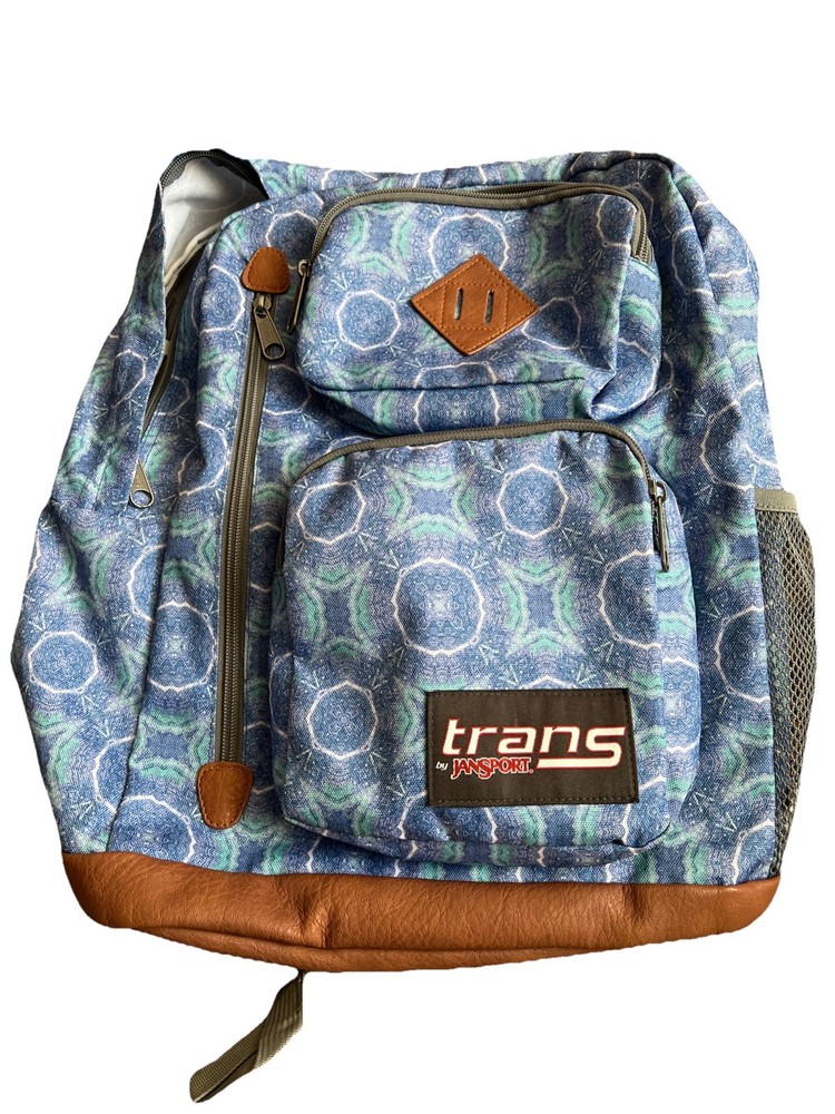 Trans by JanSport Backpack Blue Tie Die Leather Bottom Multiple Zip Pocket