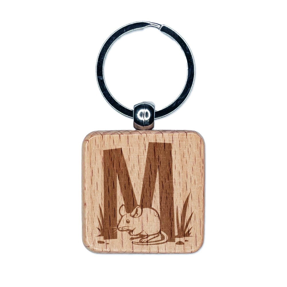 Animal Alphabet Wood Keychain Charm Letter M Mouse Engraved