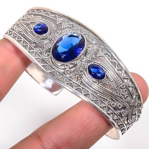 Blue Sapphire (Simulated) 925 Sterling Silver Cuff Adst. T674 Valentine Gift