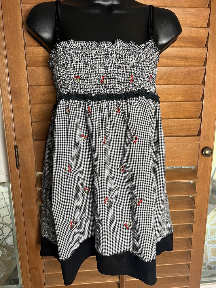 Vintage Y2K Lip Service Dress Top Gingham Cherries Whimsey Goth Punk Babydoll L