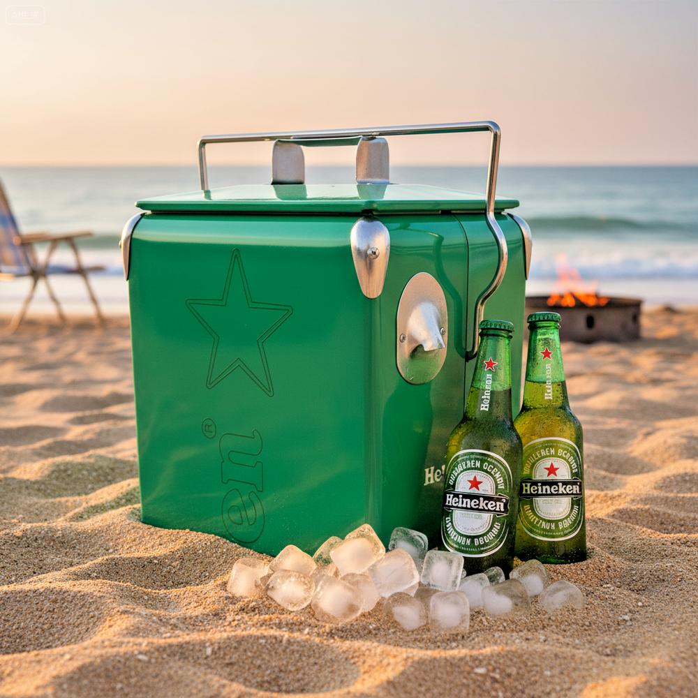 Heineken 14Qt Party Cooler，Classic Green Metal Ice Bucket for Camping＆Tailgating
