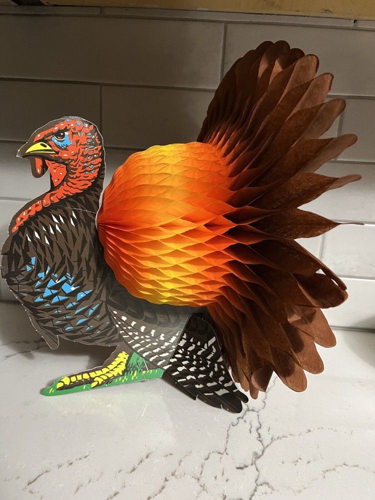 Vintage Honeycomb Turkey Thanksgiving Centerpiece 13.5 Inch Tissue Die Cut Decor