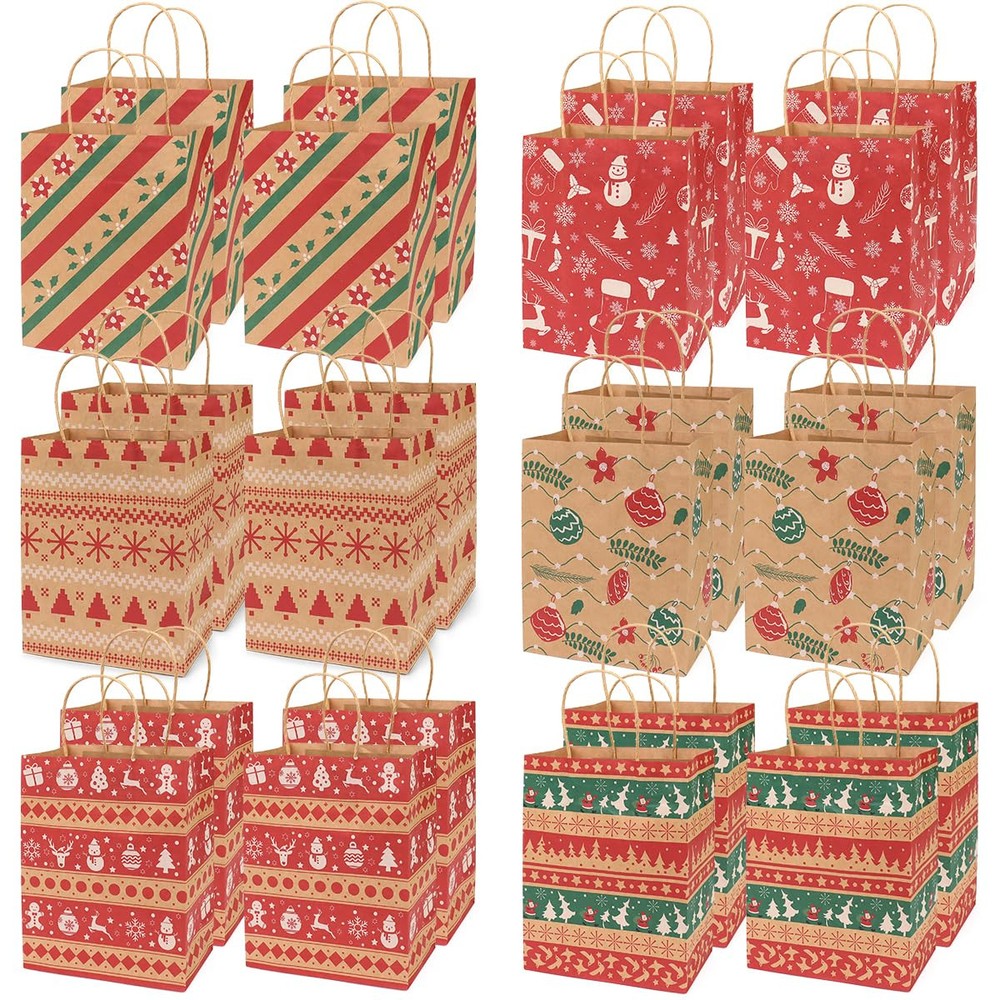 Christmas Kraft Gift Bags 24-Pack, Assorted Small Xmas Paper Bags for Holiday Gifting