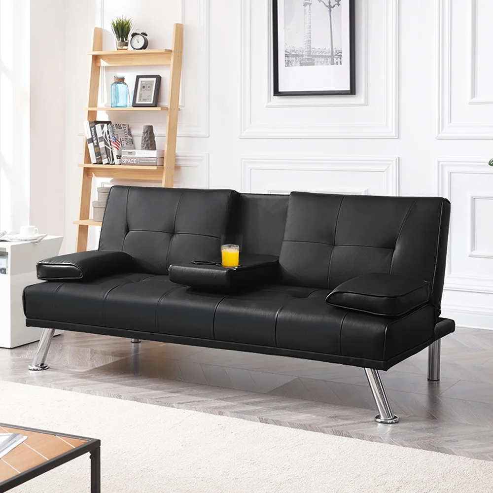 Modern Black Faux Leather Futon with Cupholders and Pillows for Luxury Comfort