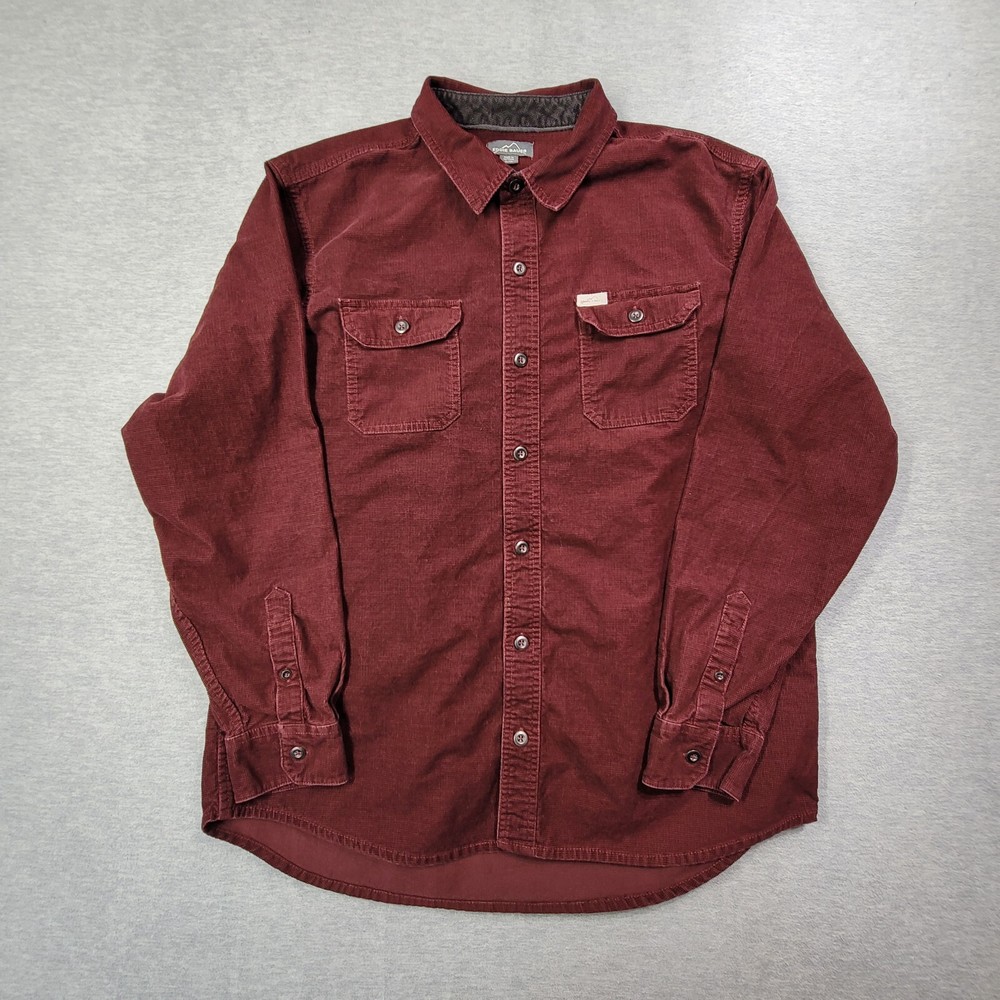 Eddie Bauer Men's XL Red Corduroy Button-Up Shirt with Waffle Texture and Flap Pockets