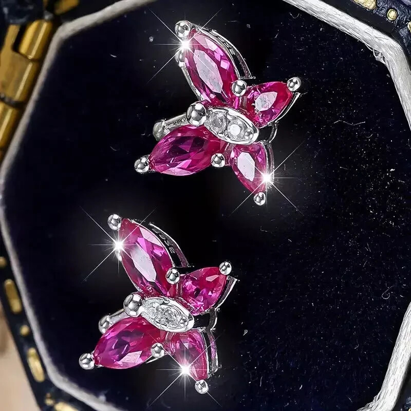 2 Carat Butterfly Pink Ruby Lab-Created Women's Stud Earrings in 14K White Gold Plated Setting