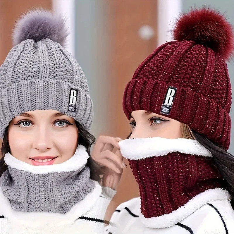Women Winter Beanie Hat With Pom Pom Scarf Set Knit Thermal Warm Snow Ski Cap US