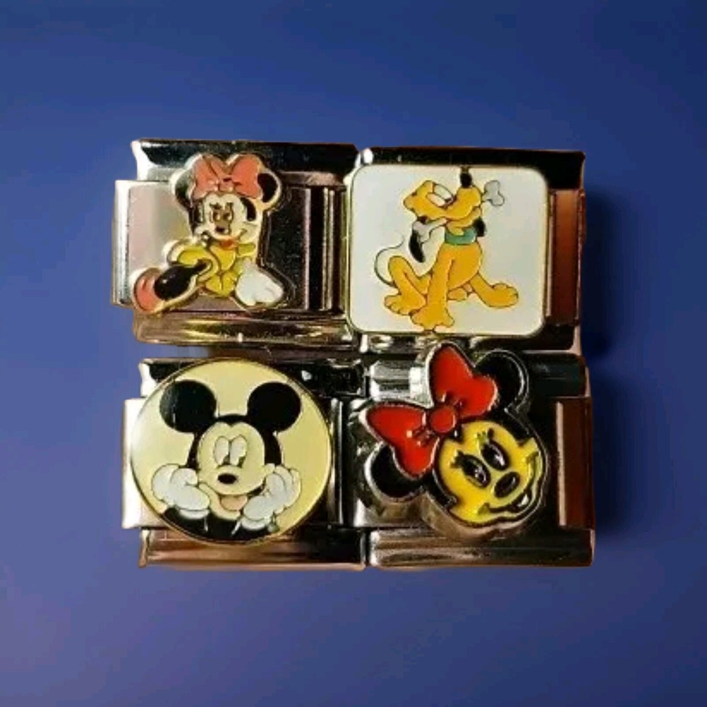 Mickey Minnie Pluto Italian Charm Enamel Links Set Of Four 9MM Stainless Steel