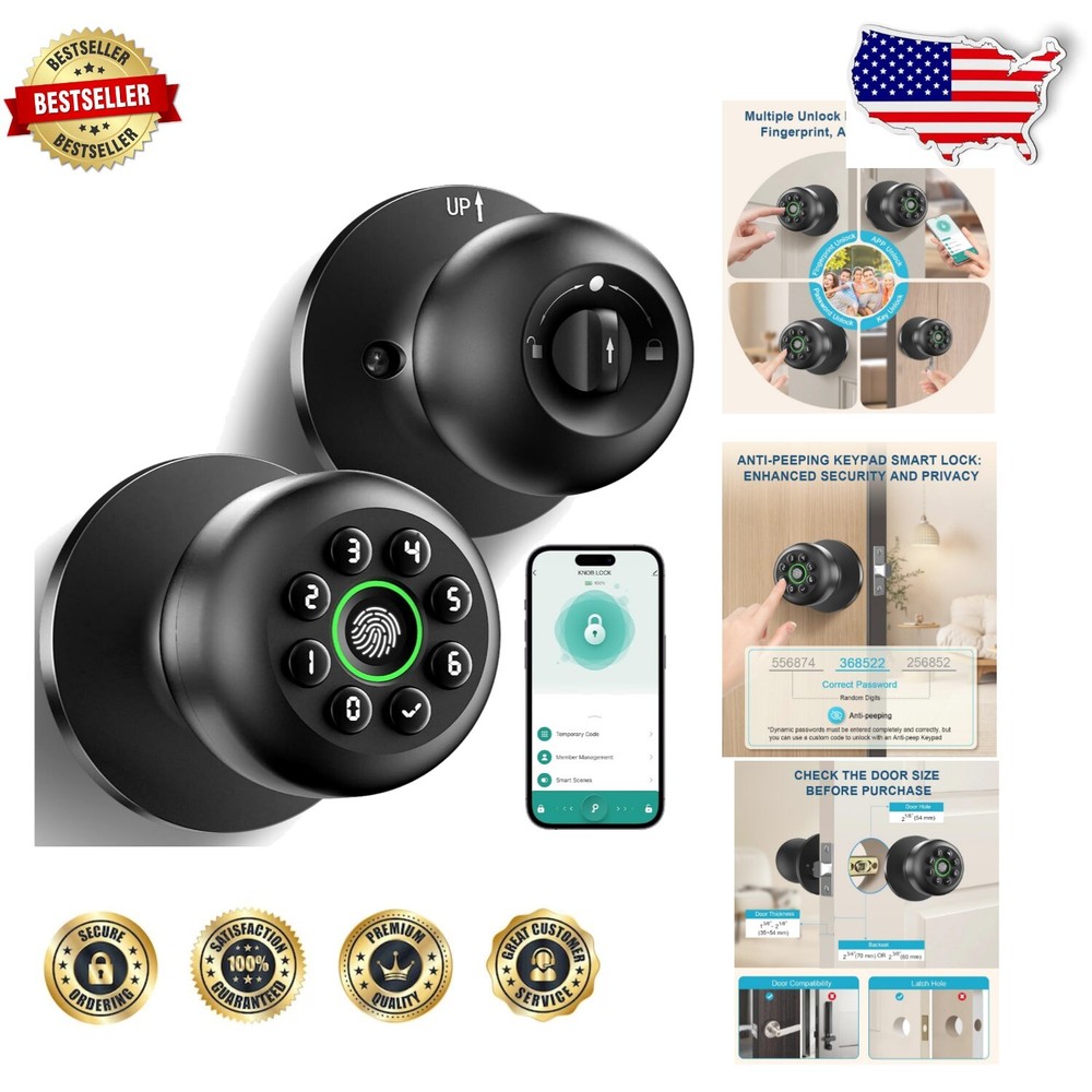 Smart Biometric Door Lock with App Control - Matte Black 4-in-1 Security-image