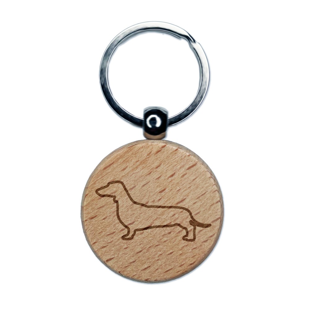 Smooth Haired Dachshund Dog Outline Engraved Wood Round Keychain Tag Charm