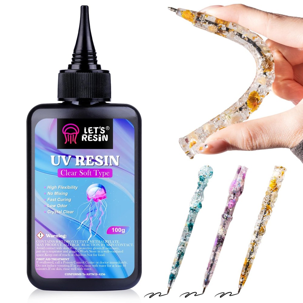 Soft UV Resin 100g Crystal Clear Bendable Epoxy Kit for DIY Crafts