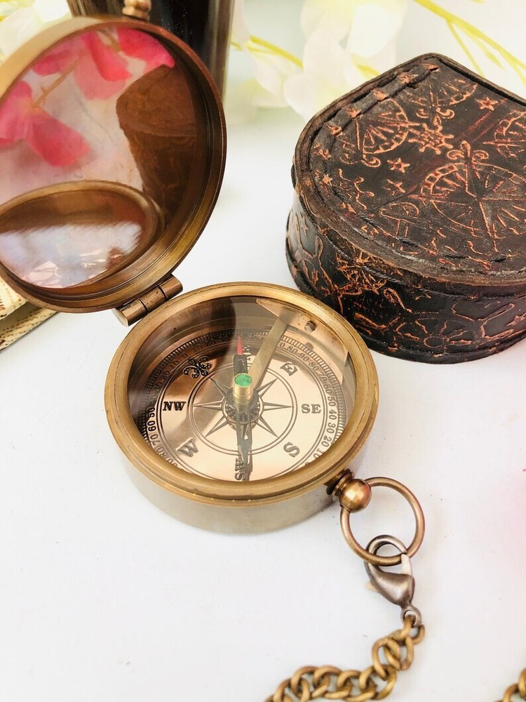 Personalized Working Brass 2-Inch Compass with Leather Case Gift-image