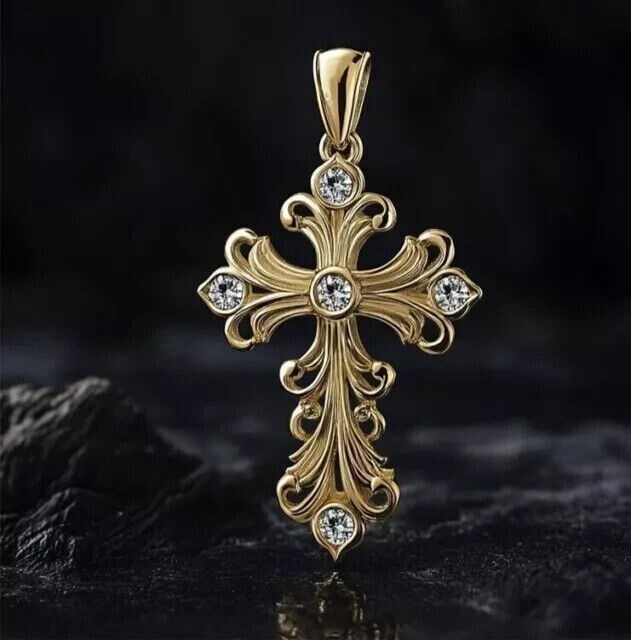 Gorgeous Cross Charm Pendant Round Simulated Diamond In 14K Yellow Gold Plated