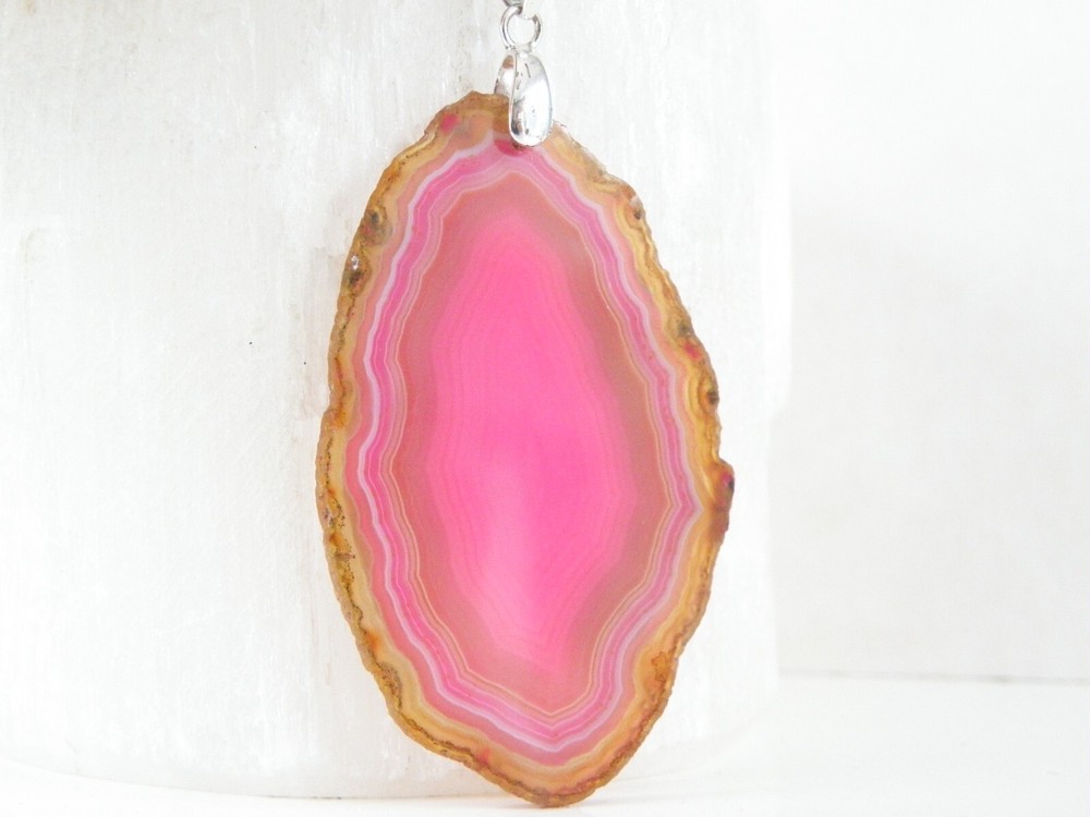 Sterling Silver Pink Geode Crystal Slab Pendant Necklace