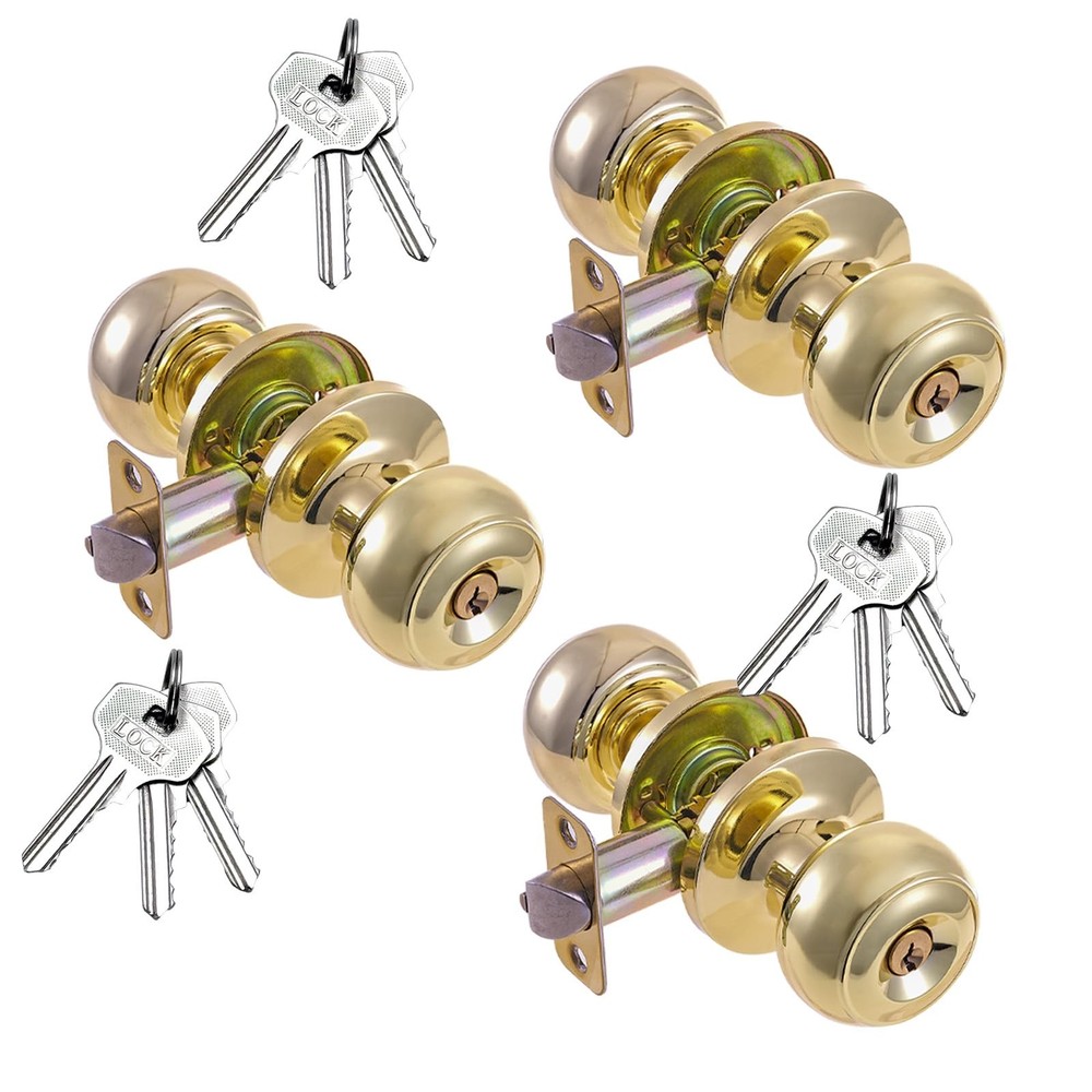 Gold Keyed Lock Door Knob for Interior and Exterior Doors - 3-Pack