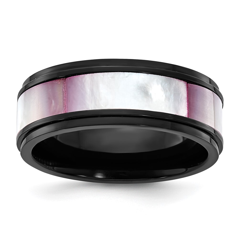Titanium Black IP-plated Pink Mother of Pearl Inlay 8mm Band Ring Size 11