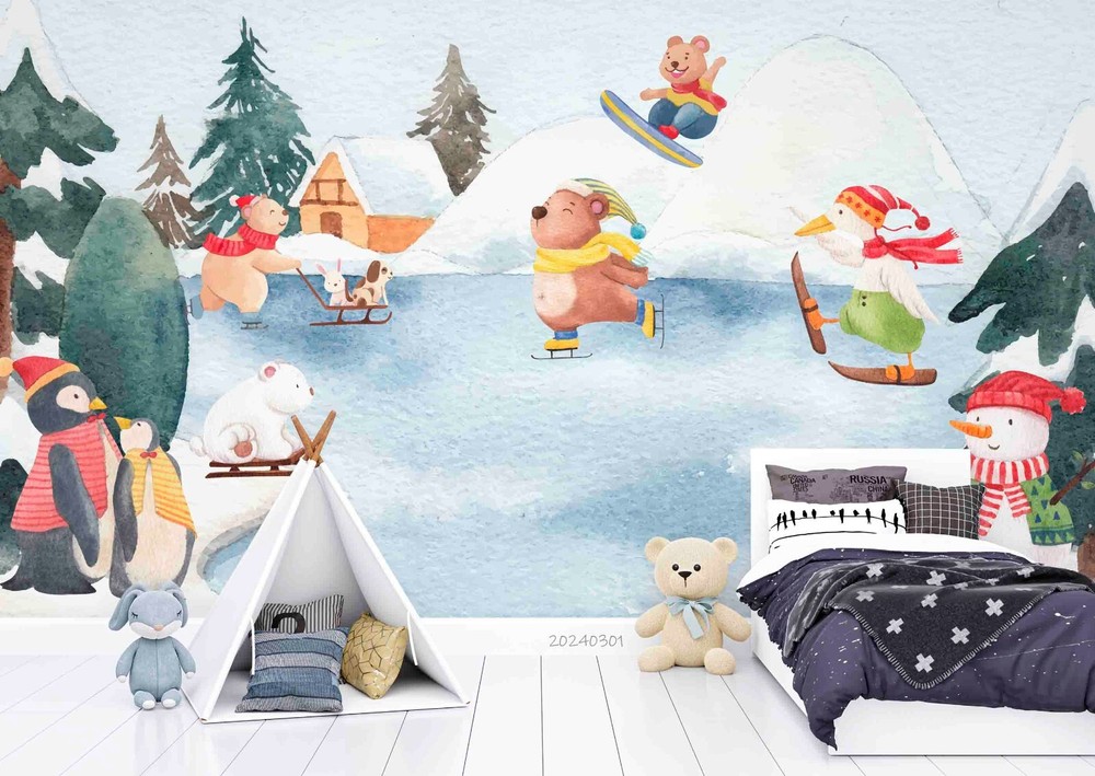 3D Winter Animal Skiing Forest Wall Murals Stickers for Creative Home Decor
