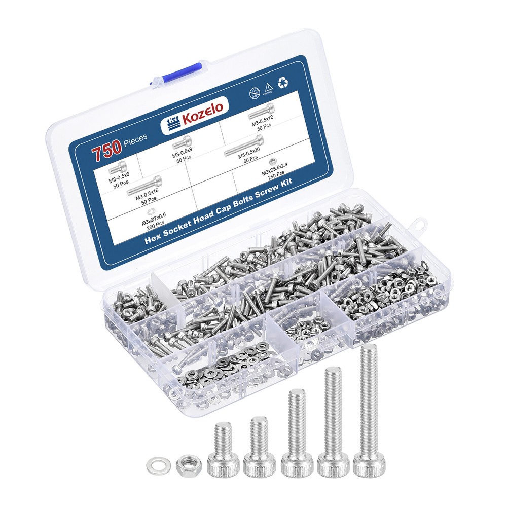 750pcs M3 Socket Head Cap Screws Bolts Nuts Kit, Stainless Steel