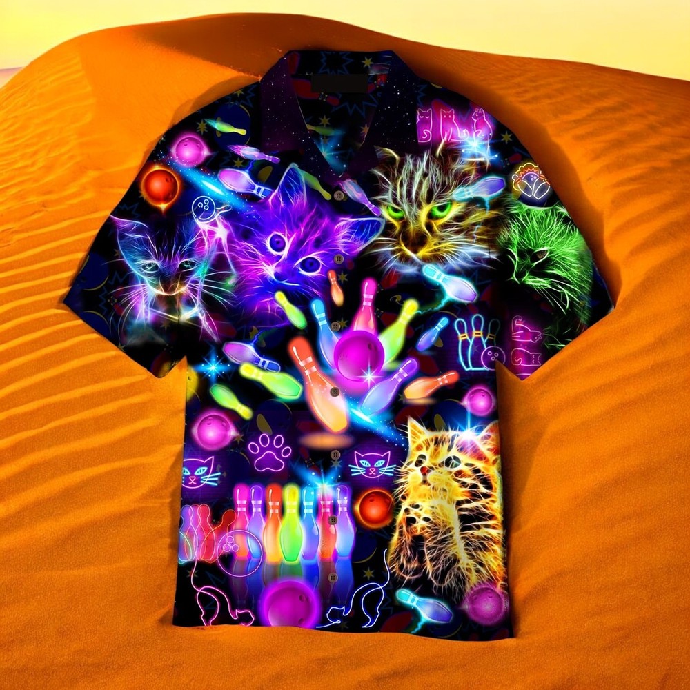 Neon Kitty Play Bowling In The Dark Aloha Hawaiian Shir