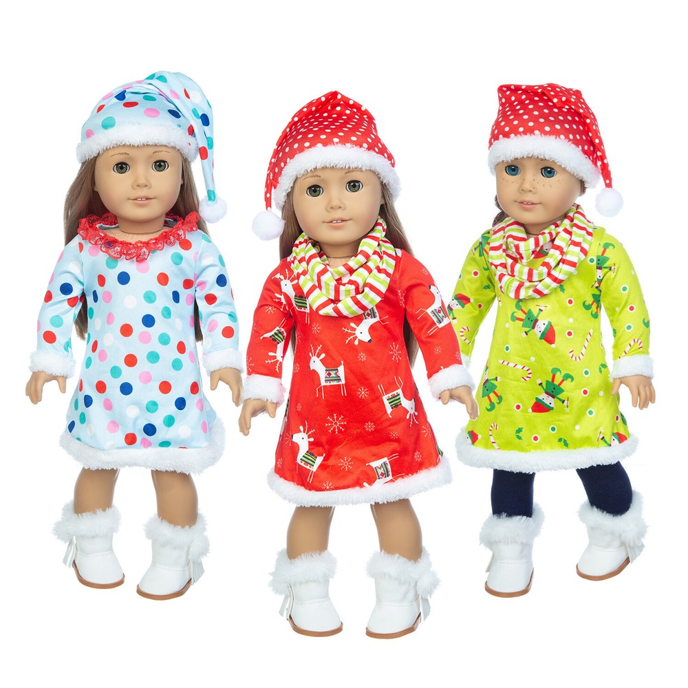 18-inch American Girl doll Christmas dress set with hat and scarf