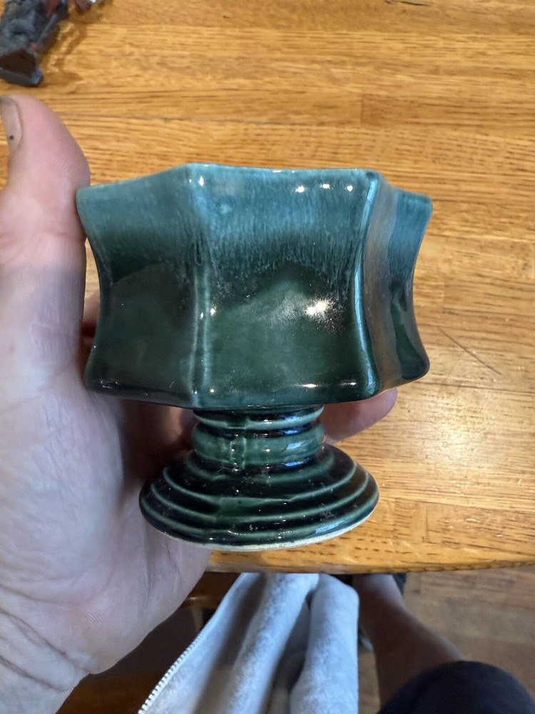 Hull Footed Octagon Planter F3 USA Green Drip Glaze Iridescent 3.5” Tall Vintage
