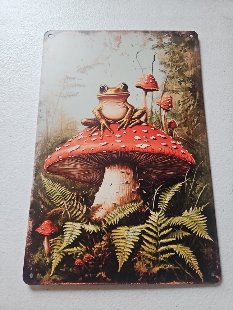 Rustic Metal Frog on Mushroom Garden Decor Sign  
