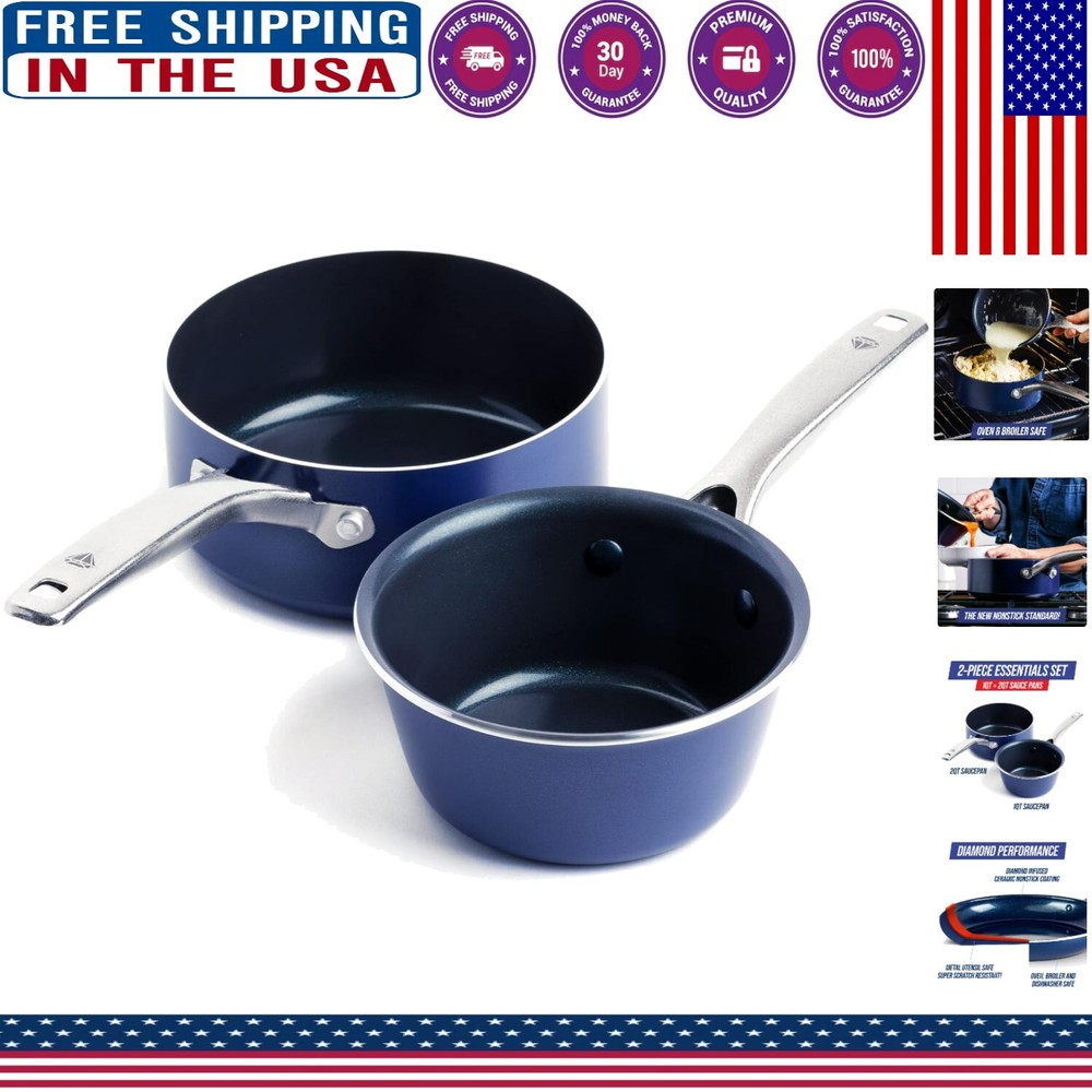 Elegant Blue Ceramic Nonstick Saucepan Set with 1QT & 2QT Oven-Safe Pots