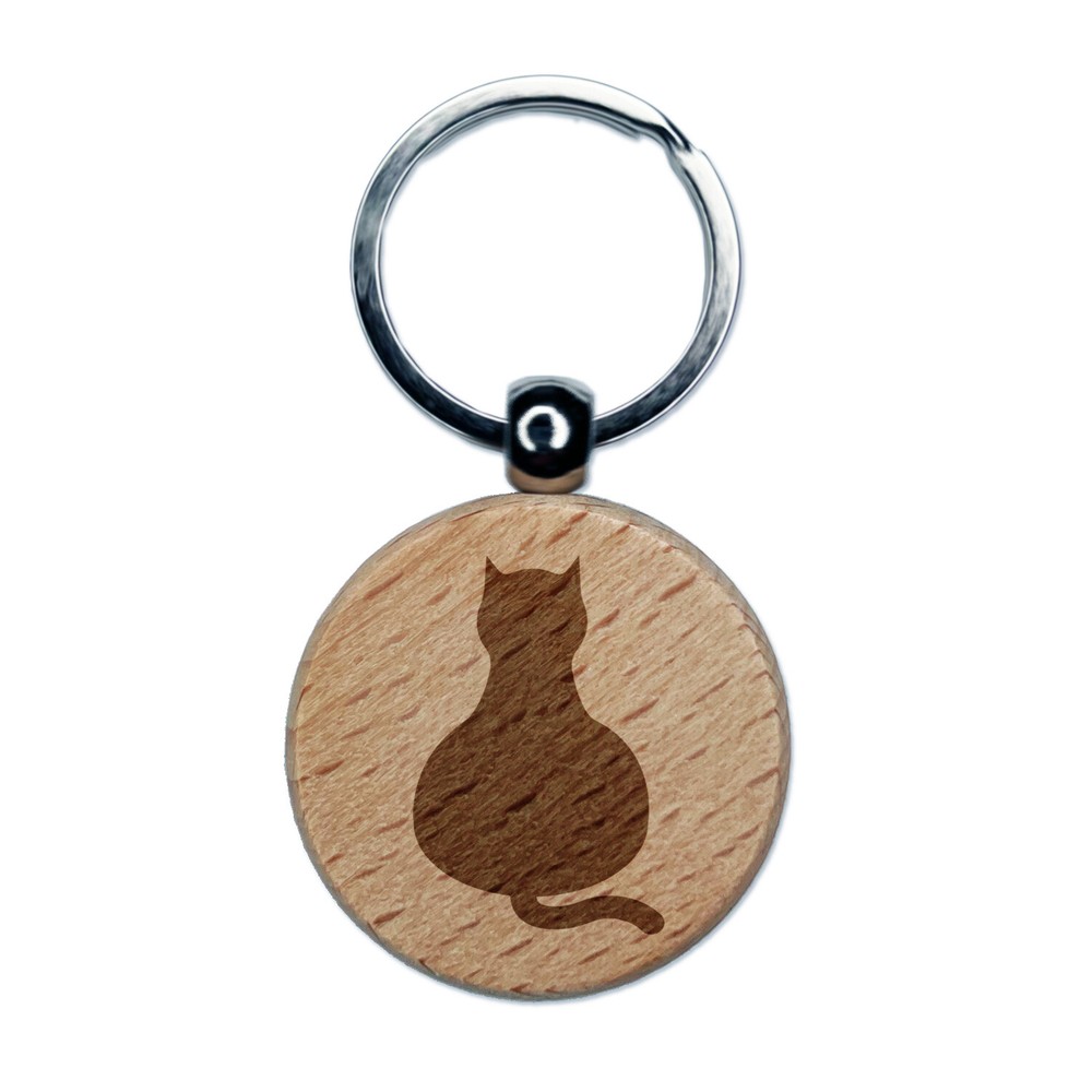 Wooden Cat Keychain with Solid Back and Engraved Design