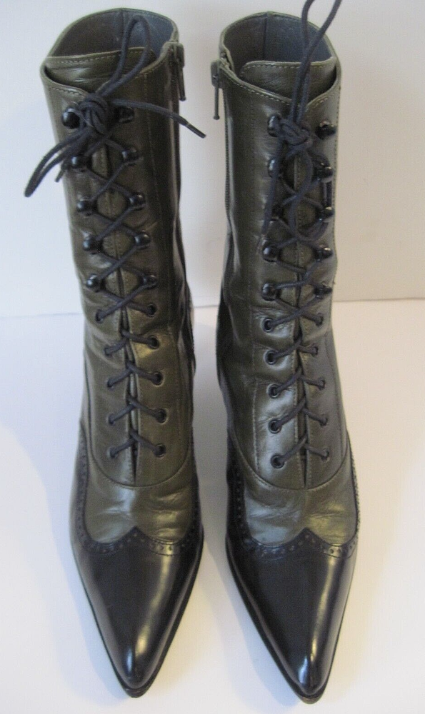 Miu Miu Green Black Leather Victorian Lace Up Boots Size 36 1/2