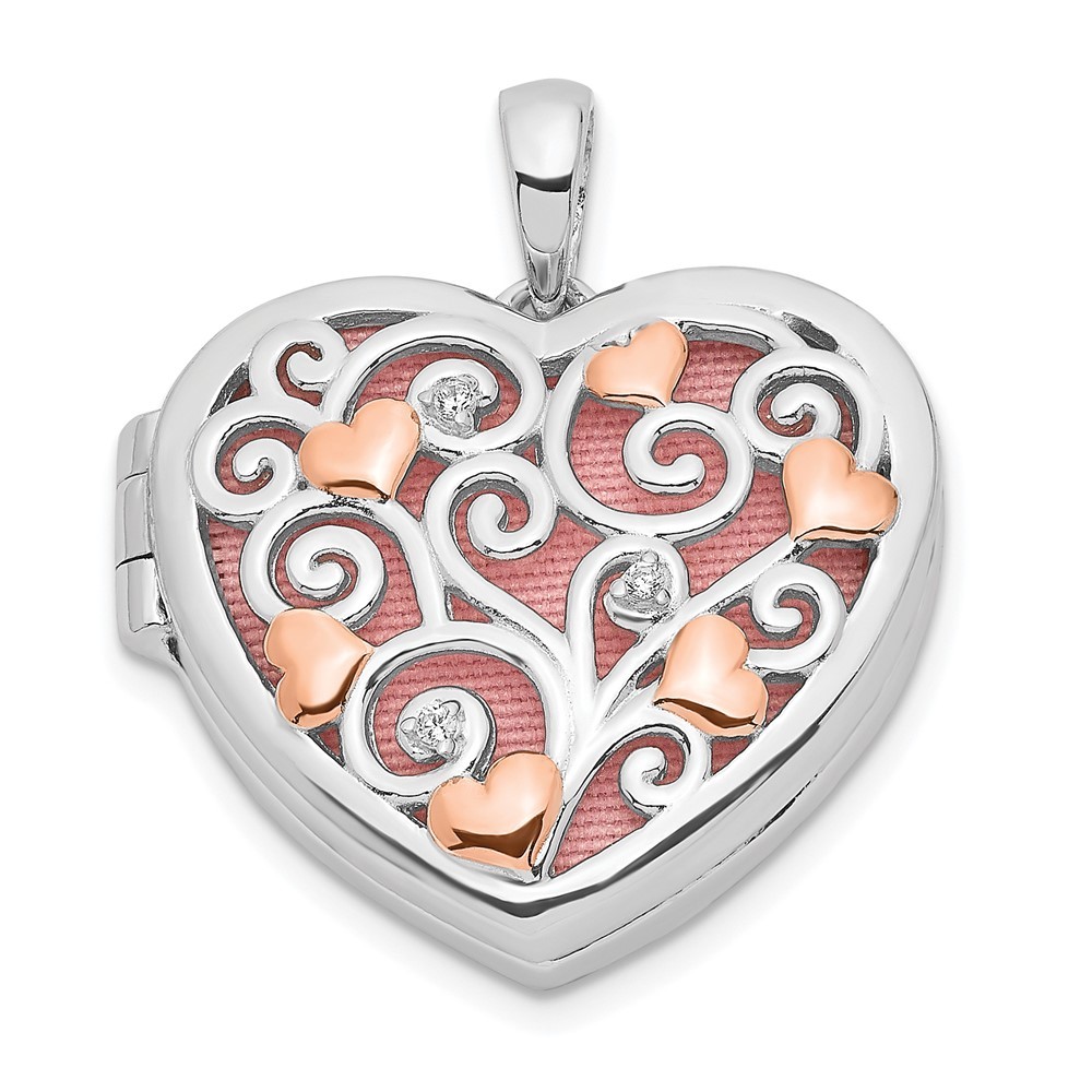 Sterling Silver Cubic Zirconia Rose Rhodium Filigree 18mm Heart Locket Pendant