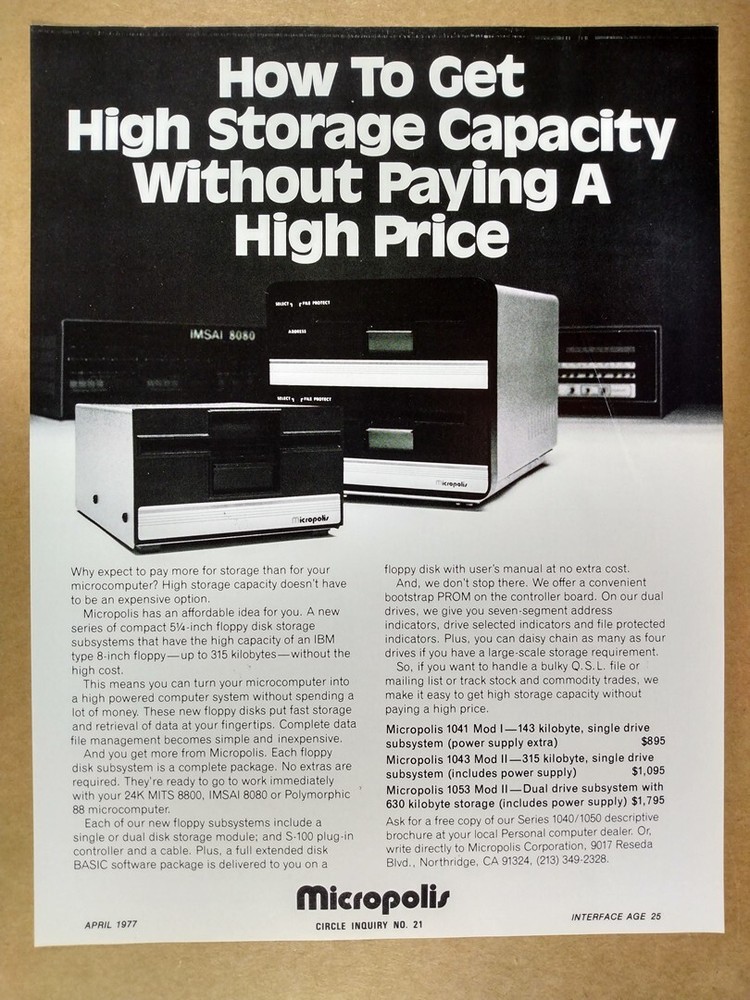 1977 Micropolis 1040/1050 Floppy Disk Storage vintage print Ad
