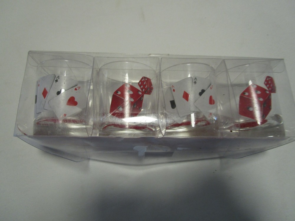 Glass Set 4 Shot Glasses dice & poker card barware 2 Oz.  NEW OLD STOCK