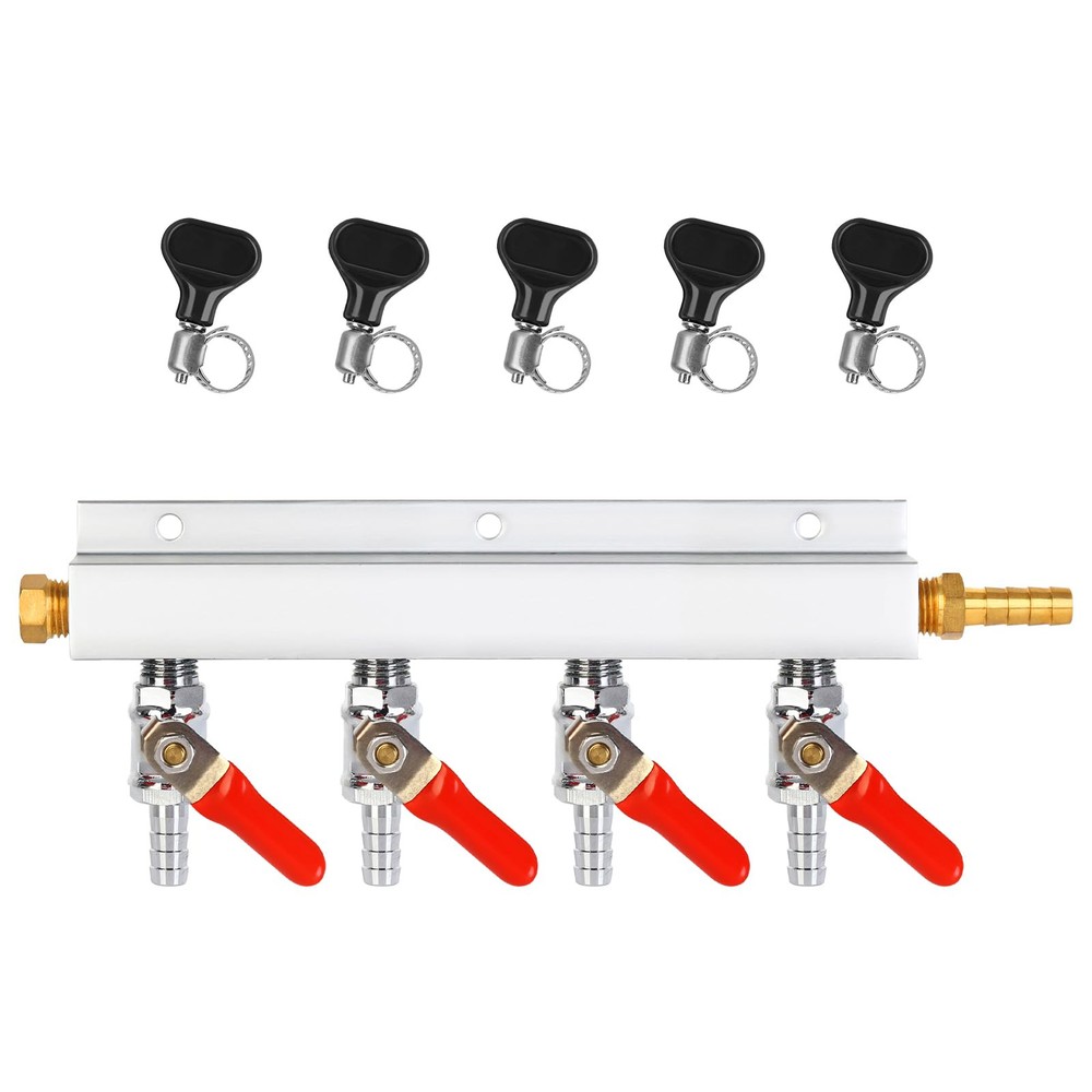 CO2 Manifold, 4-Way CO2 Gas Distributor 5/16'' Barb Fitting Beer Keg Gas Mani...