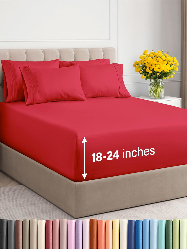 Extra Deep King 6-Piece Cooling Red Bed Sheets – Soft & Wrinkle-Free