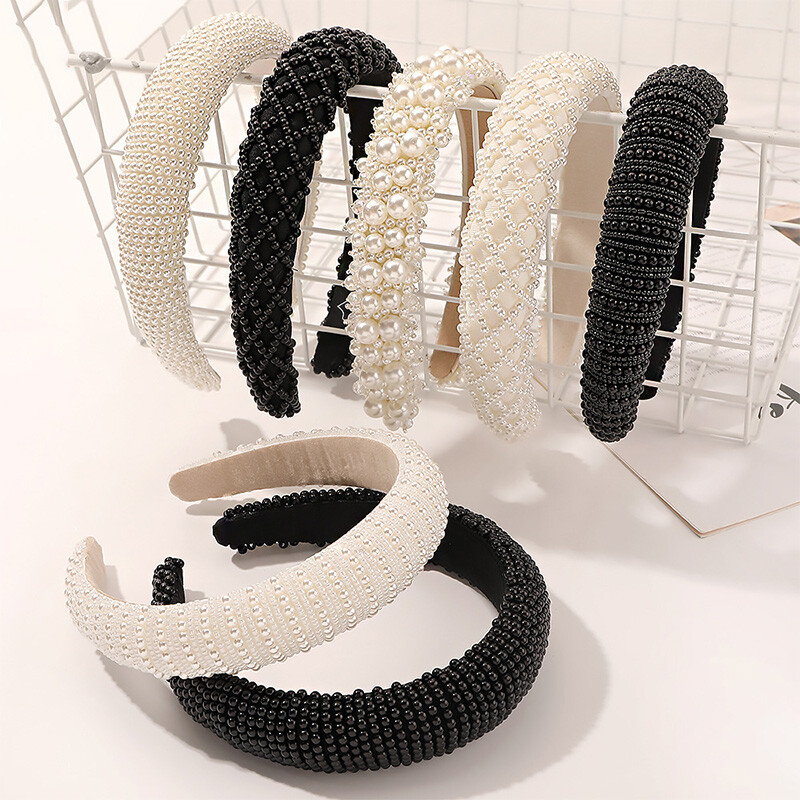 Luxury White Black Pearl Baroque Shiny Hairband Wide Head Hair Accessory