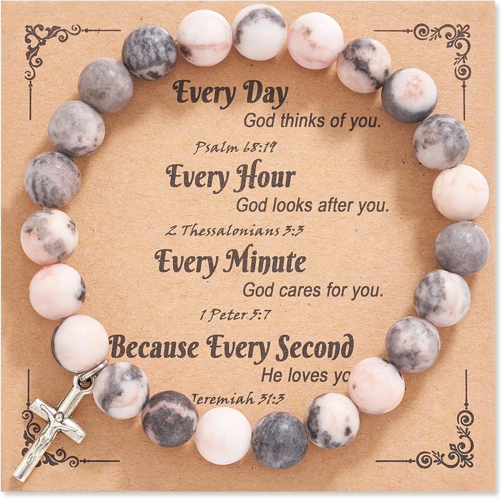 Christian Gifts for Women Men, Natural Stone Cross Bracelet Religious Catholic F