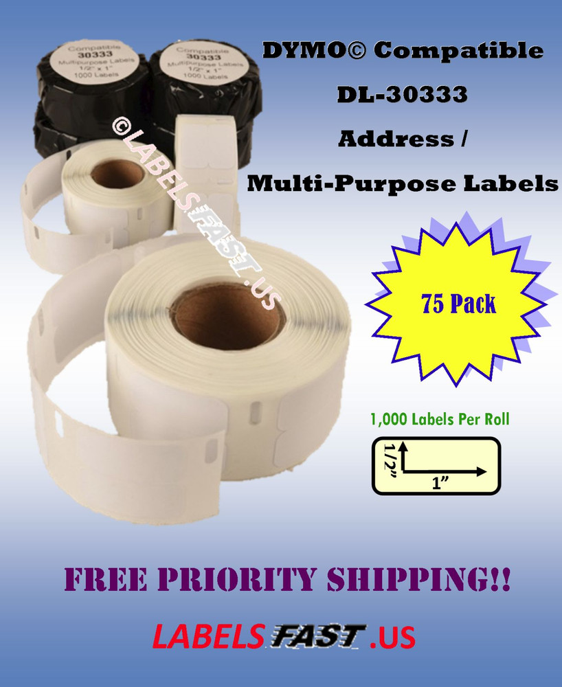 Dymo Compatible 75 Rolls 30333 Adhesive Labels for File Folders PayPal 450 400 Duo Printers-image