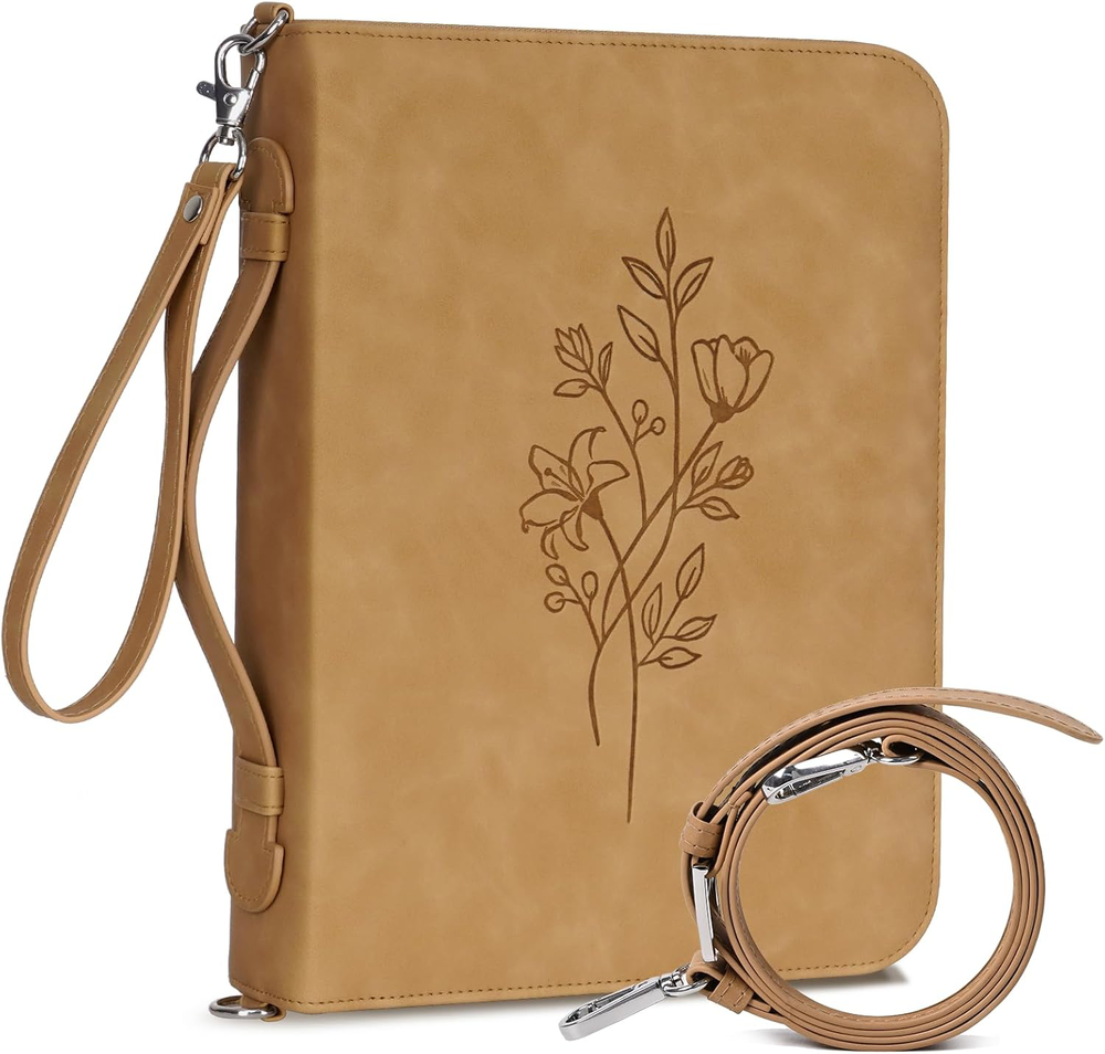 Bible Cover Case for Women with Detachable Strap, Floral PU Leather, Brown