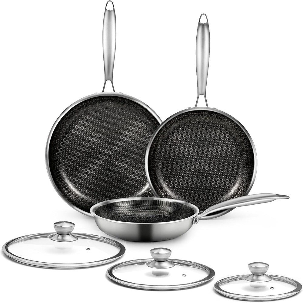 6 Pieces Stainless Steel Frying Pan Set with Lids, 8+9.5+11 Inch, Silver