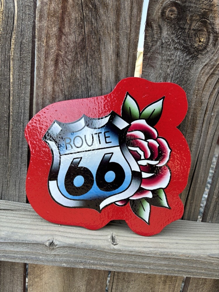 American Traditional Vintage Route 66 Handmade Sign Tattoo Art Wood Cutout