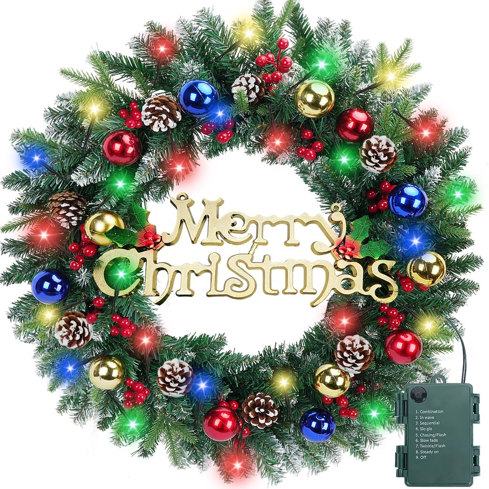 24-Inch LED Christmas Wreath with 50 Lights for Festive Decor