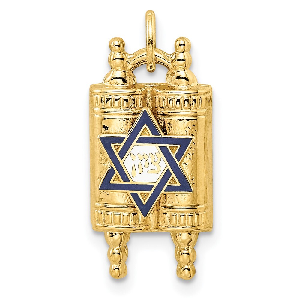 14k Yellow Gold Polished Solid Torah and Enameled Star of David Pendant 1.1gm