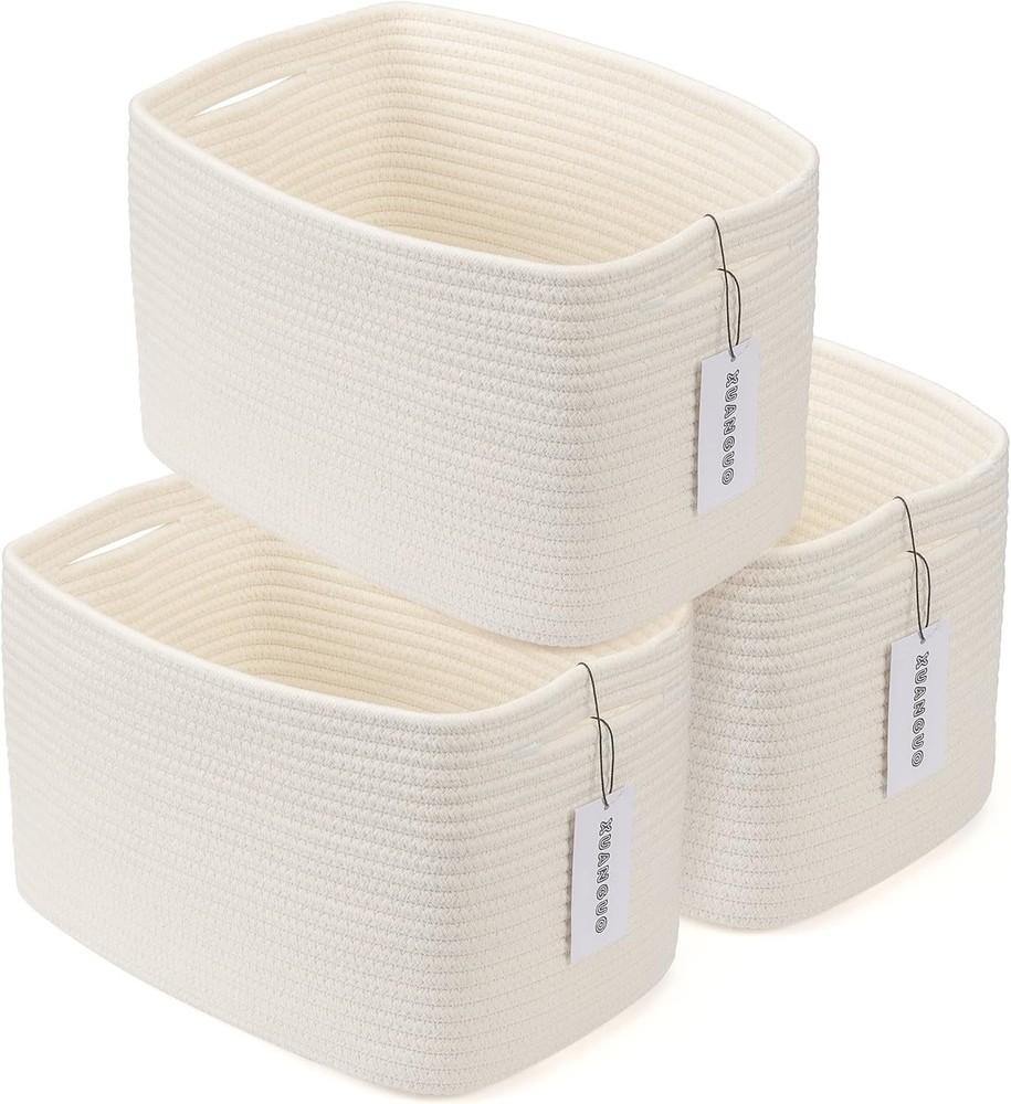 White Woven Cotton Rope Storage Basket Bin 14.5x9.5x9.3 Inches