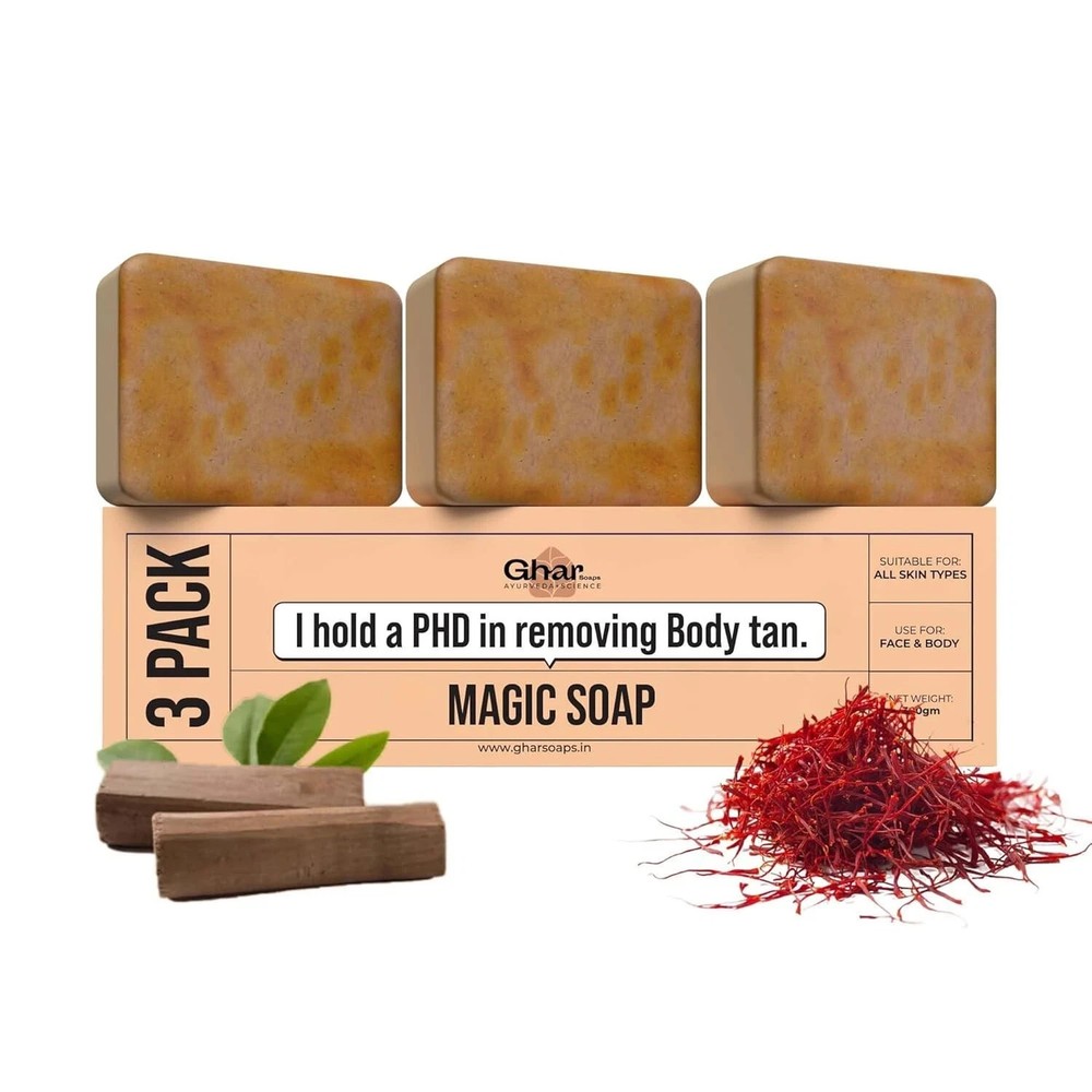 Ghar Soaps Sandalwood & Saffron Magic Soaps For Bath, Skin Brightening Pack Of 3