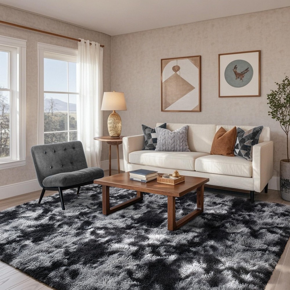 5x7 Black Grey Fluffy Area Rug for Living Room Super Soft 1.7 Inch Fuzzy Fur Bedroom Rug