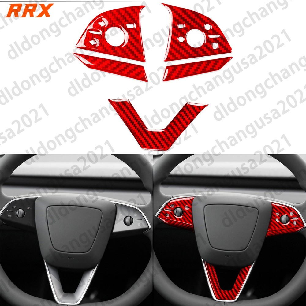 5Pcs Red Carbon Fiber Steering Wheel Panel Cover For Tesla Model 3 Highland 23+