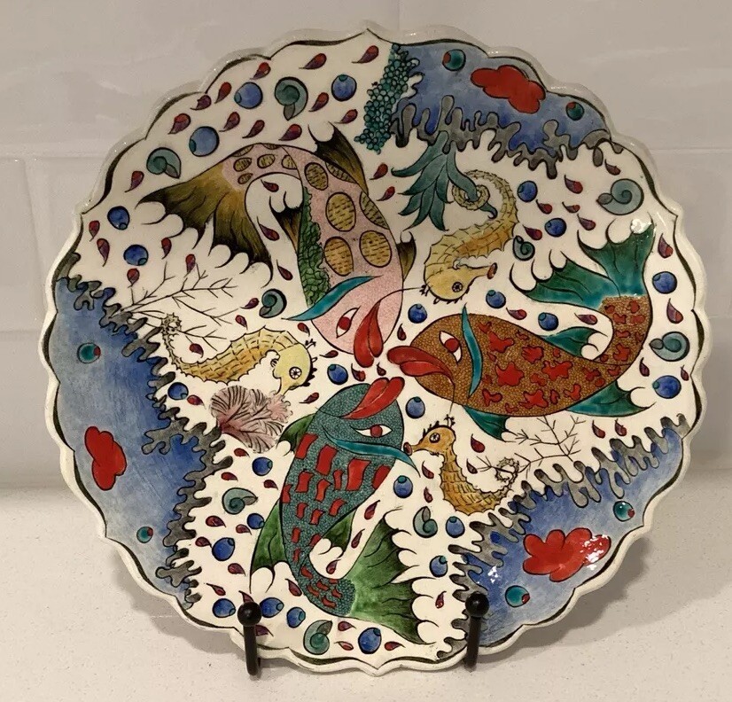 Vintage Turkish Sea Life Embossed Ceramic Plate 8 1/2” Hand Made And Painted